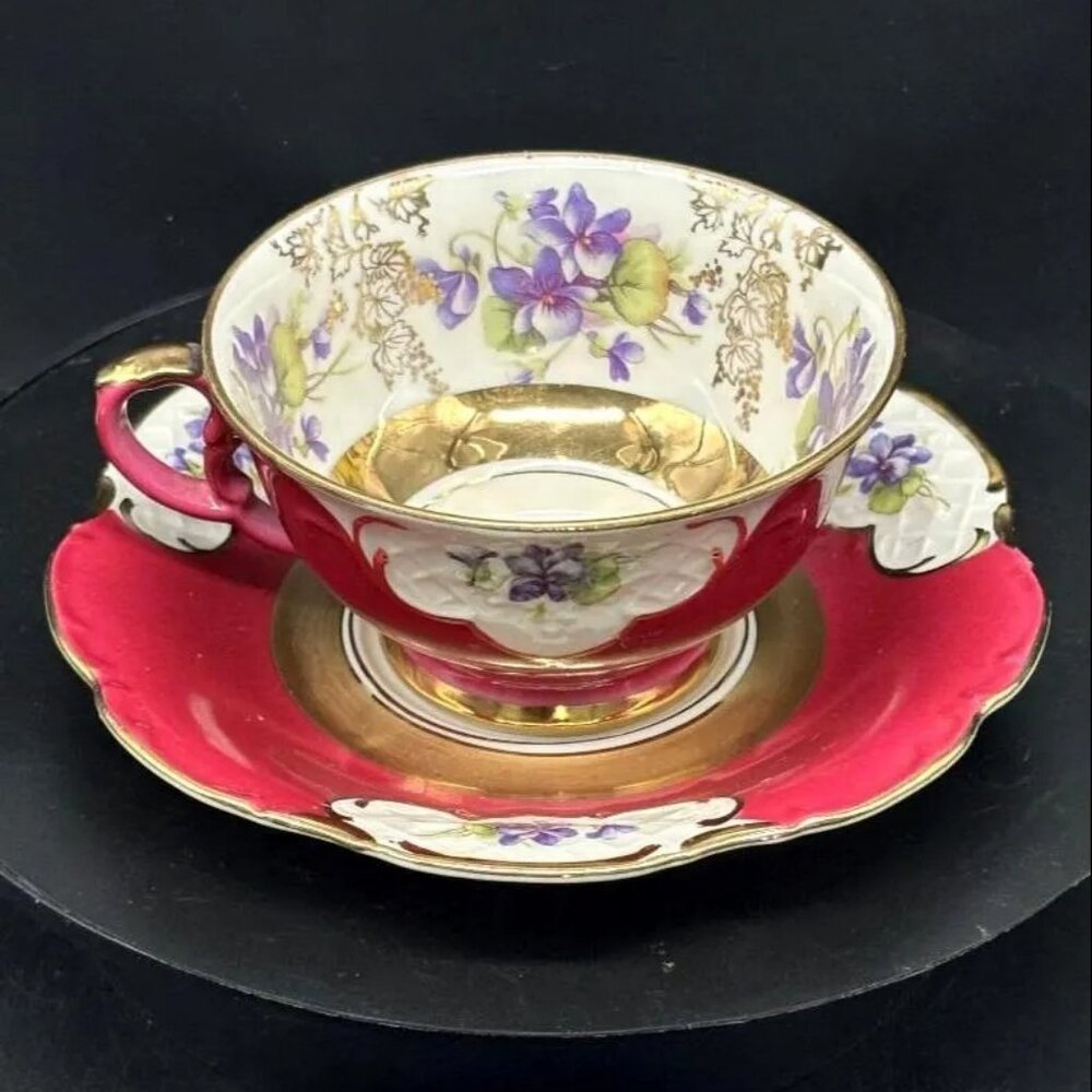 Vintage Winterling Bavaria Germany Crimson Lilac Gold Gilt Porcelain Teacup Sauc